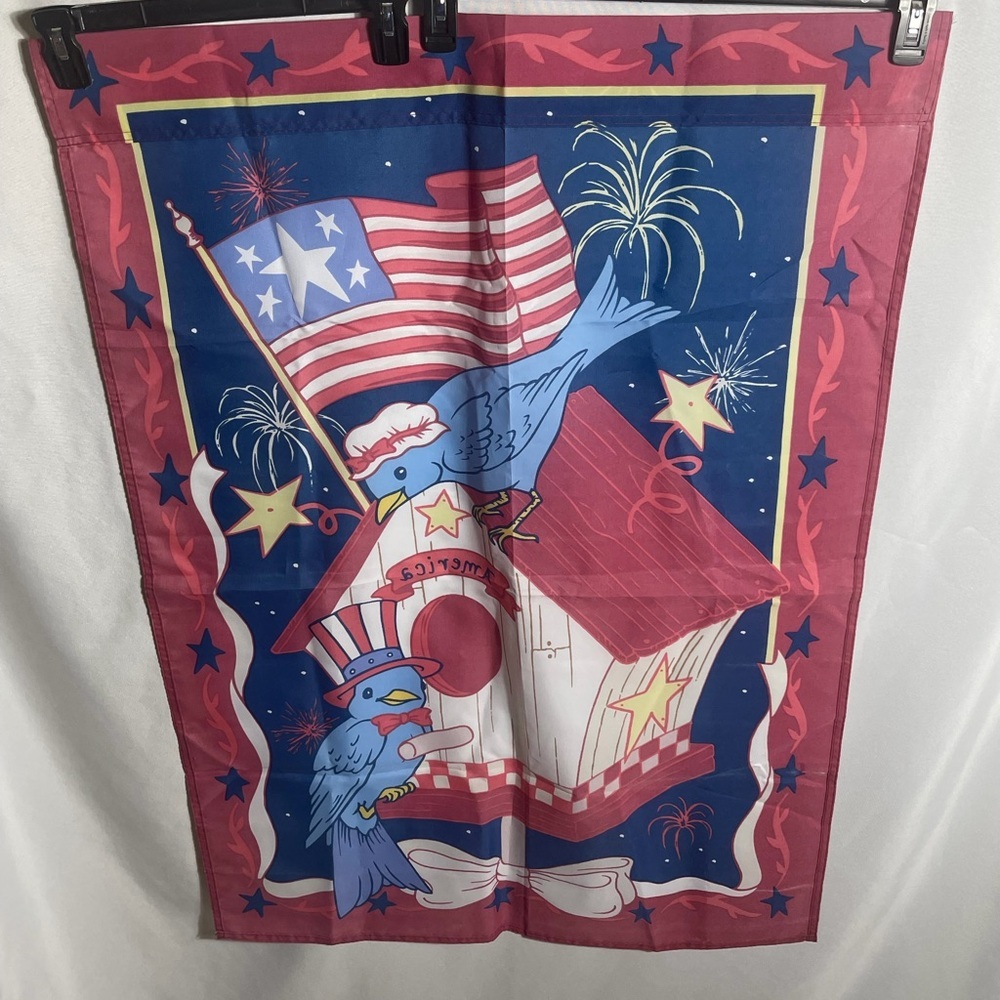 Vintage 2001 Patriotic Birdhouse Garden Flag Americana 28x40 USA